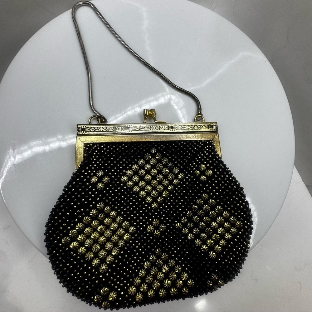 vintage 70s black studded purse beaded evening bag handbag w kiss clasp closure